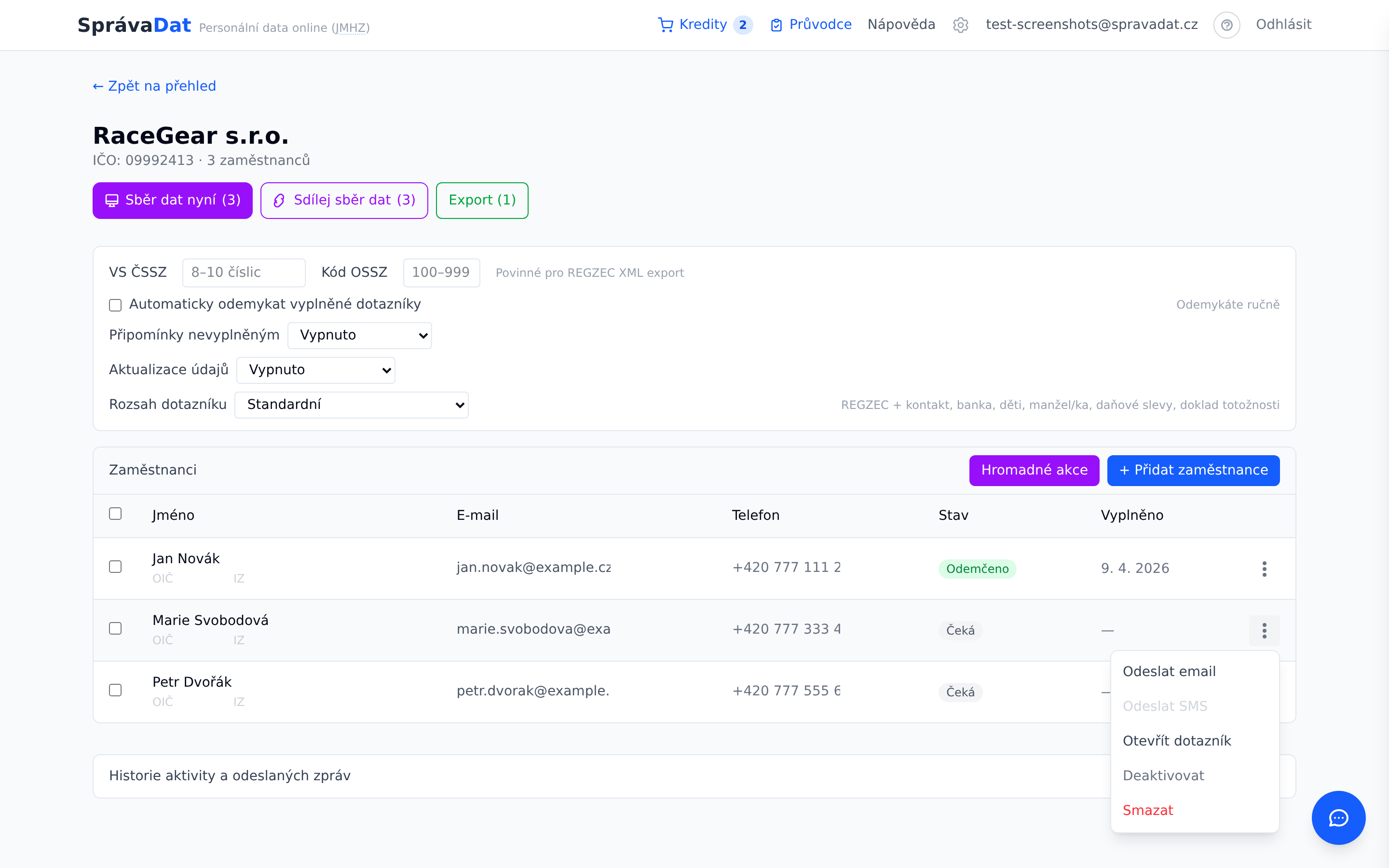 Akce pro zaměstnance — odeslat e-mail / SMS