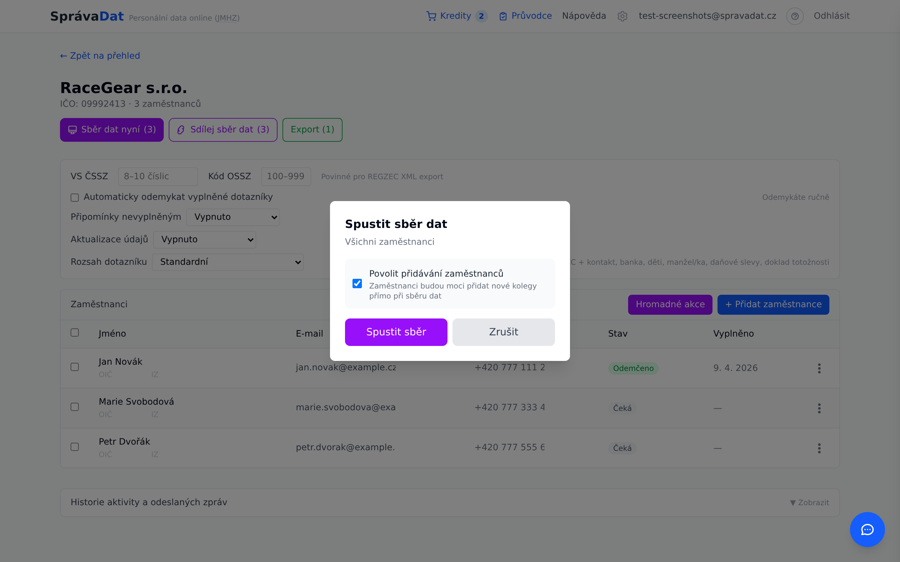 Modální okno Spustit sběr dat s checkboxem Povolit přidávání zaměstnanců