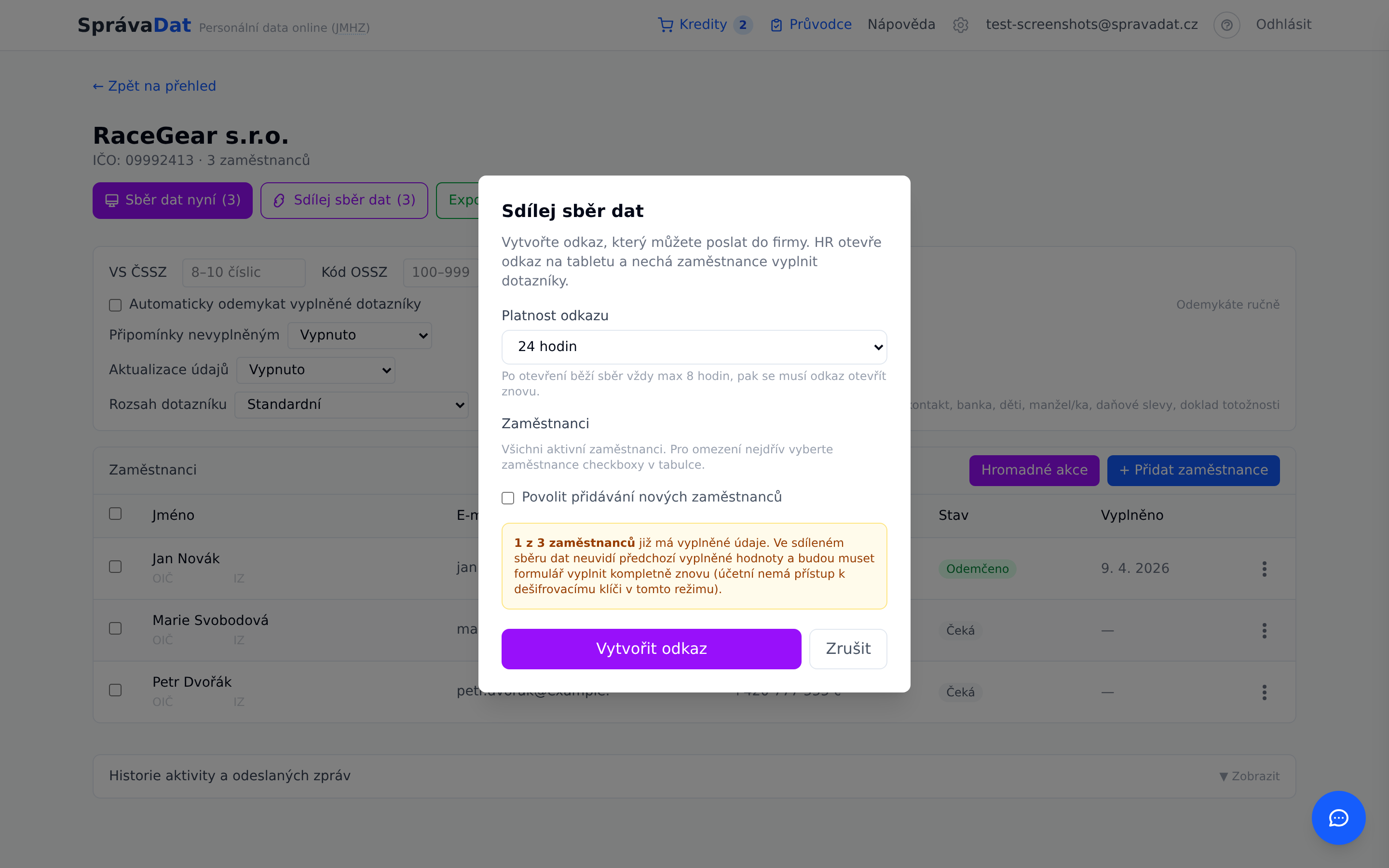 Modální okno Sdílej sběr dat s dropdownem platnosti odkazu a checkboxy