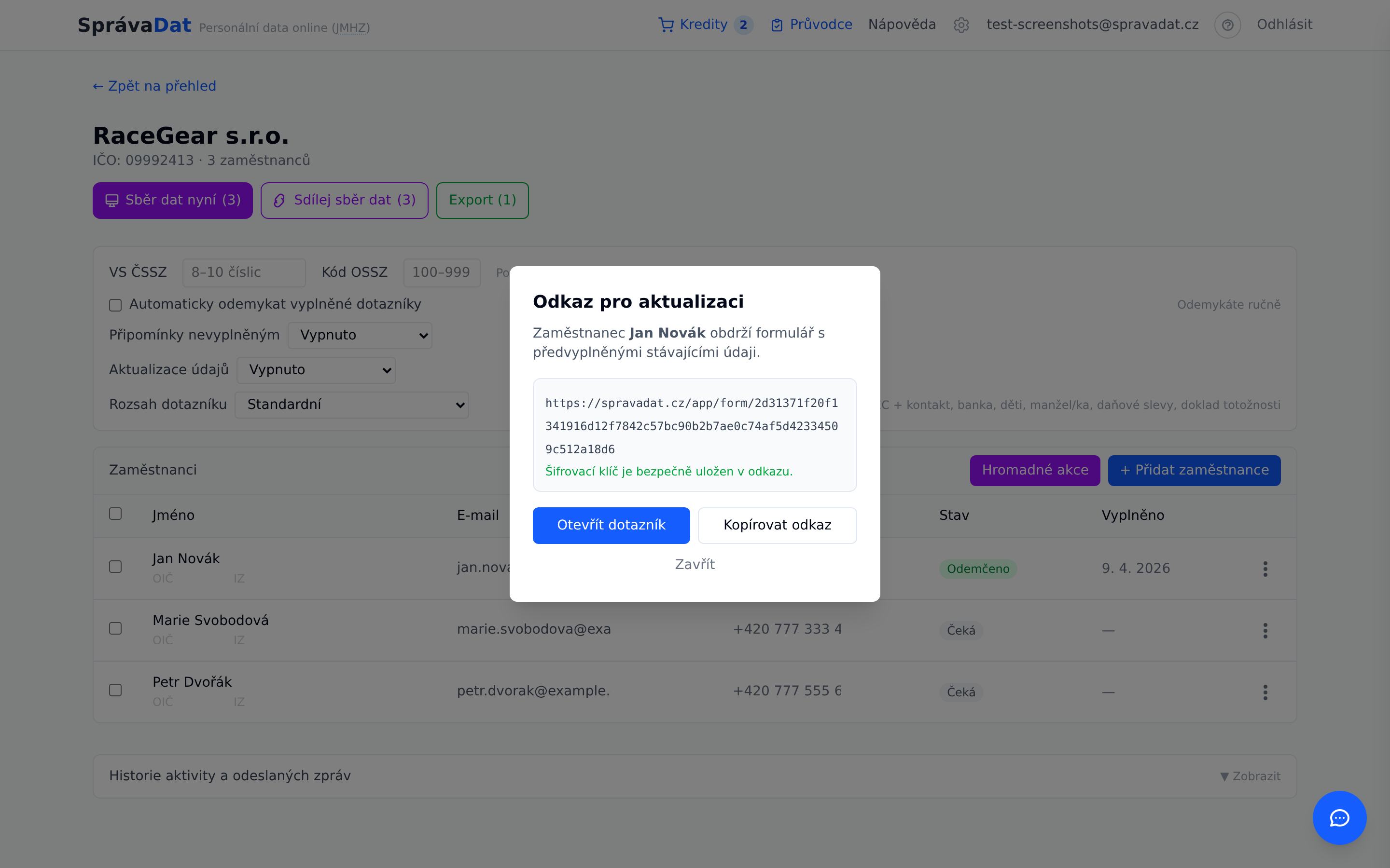 Modální okno Odkaz pro aktualizaci s URL a tlačítky Otevřít / Kopírovat